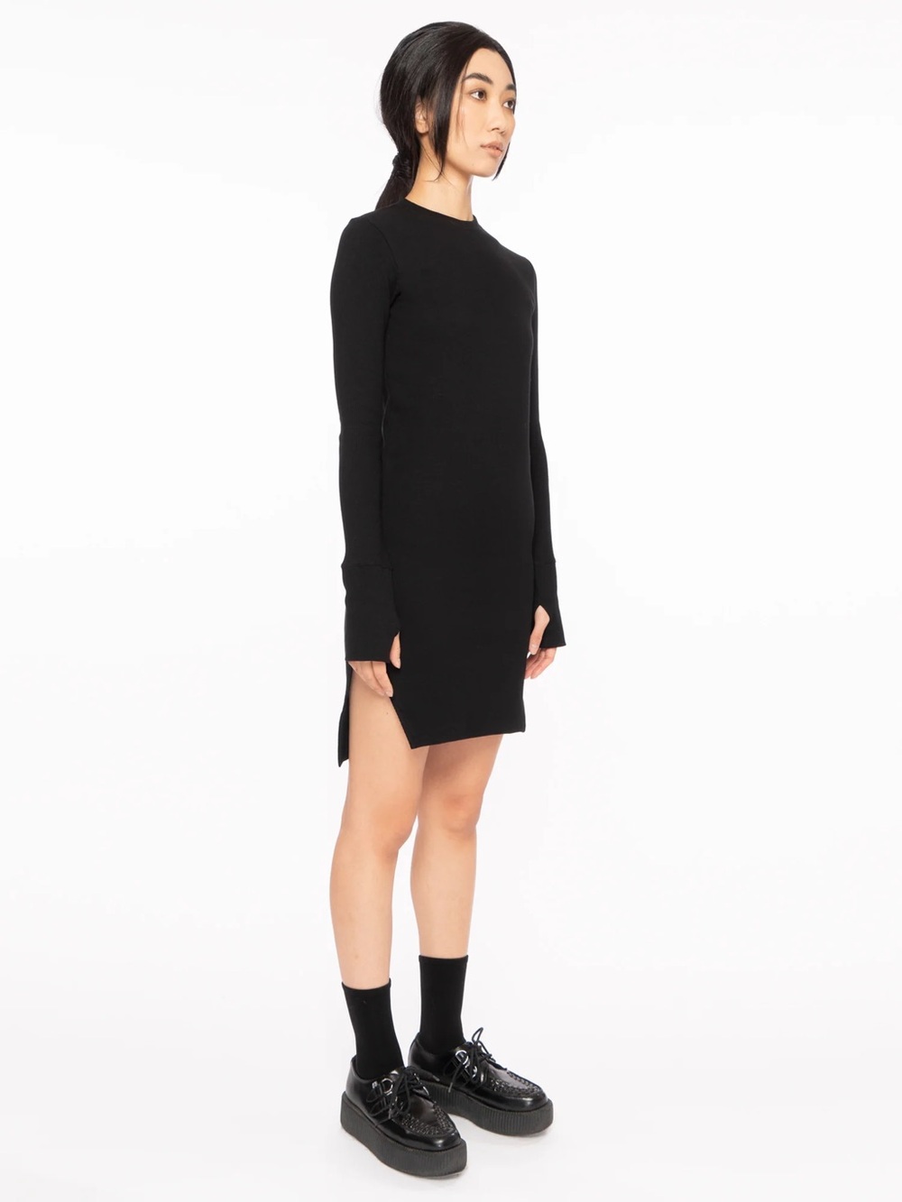 Etcetera Black Crewneck SOFT Sweater with Genuine Leather Sleeve Panels